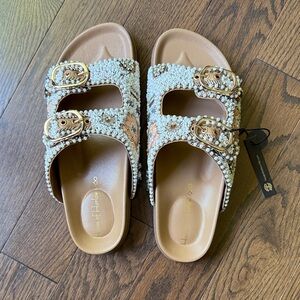 House of Harlow Beaded Slide Sandals with Gold Buckles